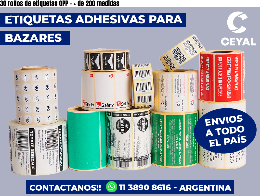 30 rollos de etiquetas OPP - + de 200 medidas