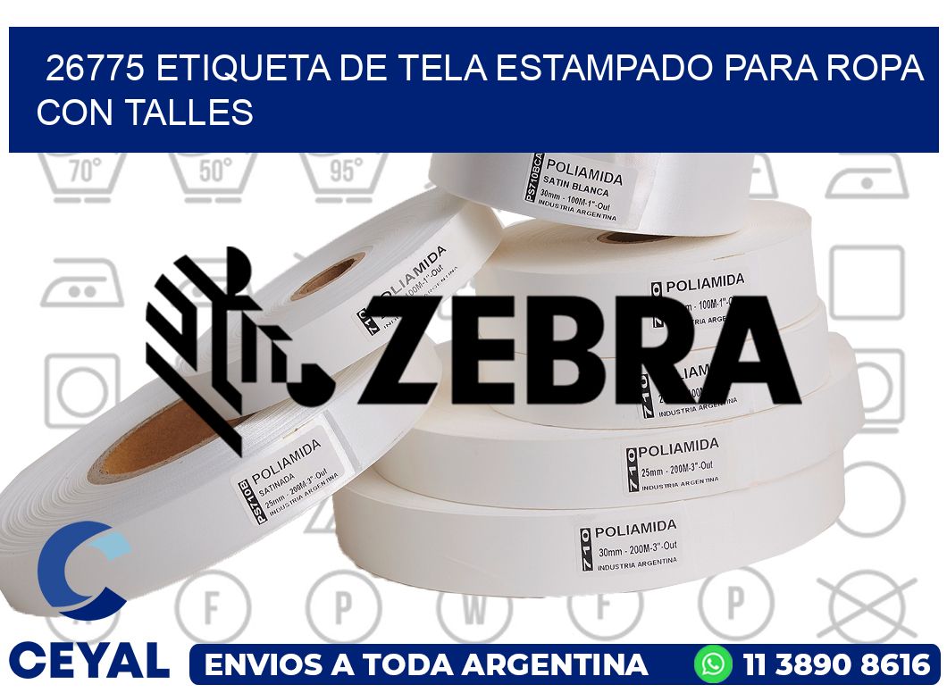 26775 ETIQUETA DE TELA ESTAMPADO PARA ROPA CON TALLES