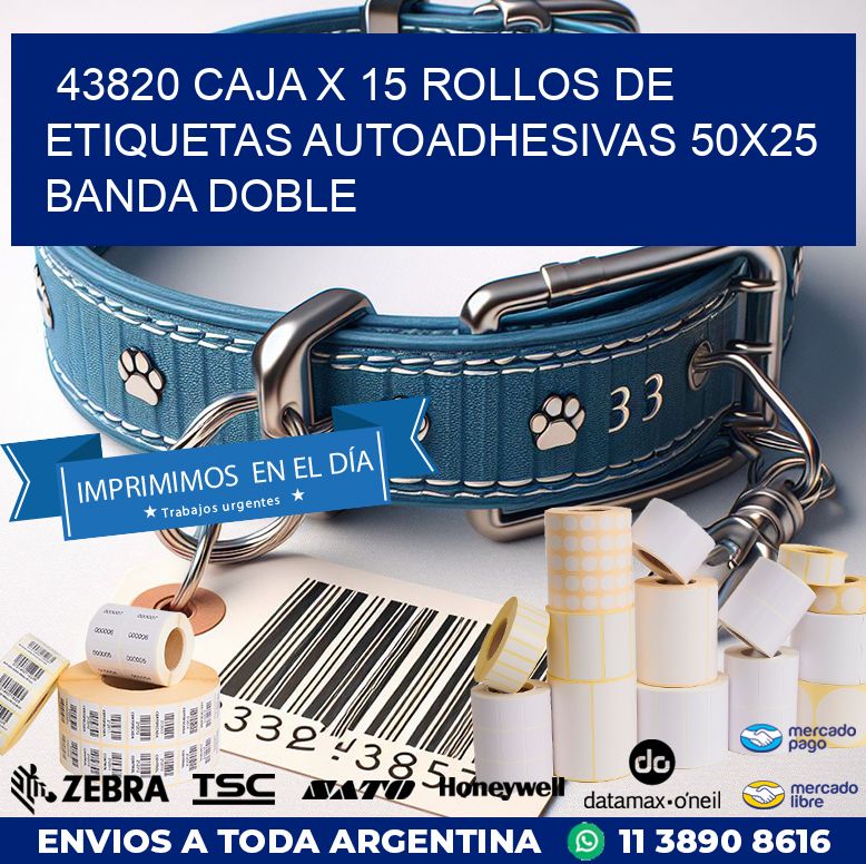 43820 CAJA X 15 ROLLOS DE ETIQUETAS AUTOADHESIVAS 50X25 BANDA DOBLE