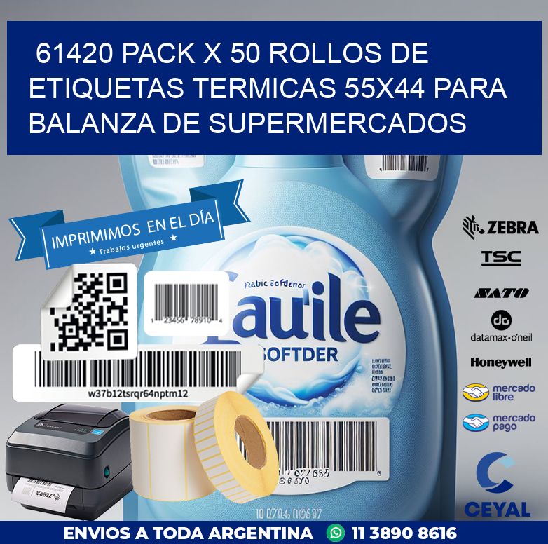 61420 PACK X 50 ROLLOS DE ETIQUETAS TERMICAS 55X44 PARA BALANZA DE SUPERMERCADOS