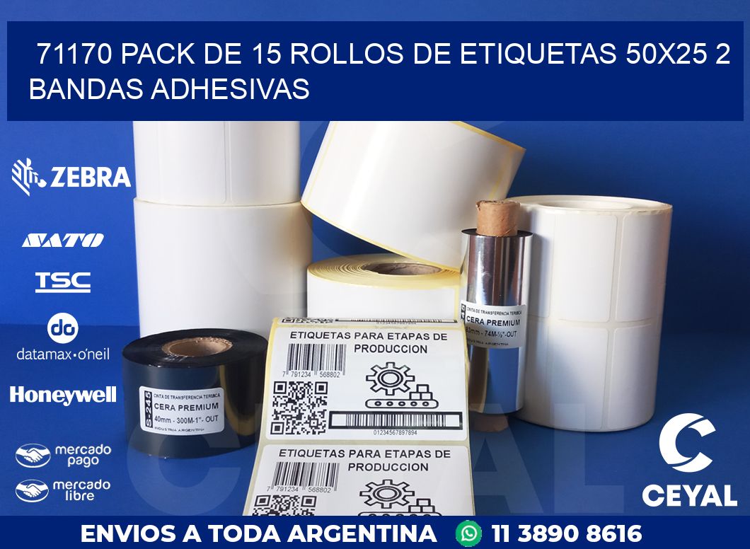 71170 PACK DE 15 ROLLOS DE ETIQUETAS 50X25 2 BANDAS ADHESIVAS