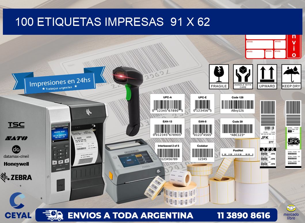 100 ETIQUETAS IMPRESAS  91 x 62