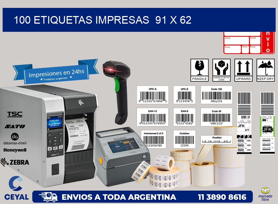 100 ETIQUETAS IMPRESAS  91 x 62