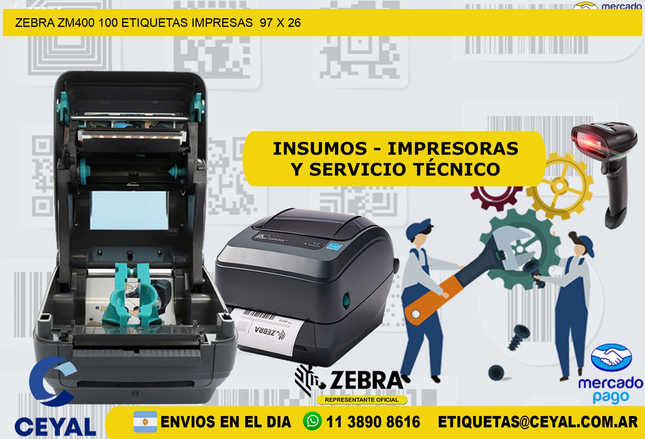 ZEBRA ZM400 100 ETIQUETAS IMPRESAS  97 x 26