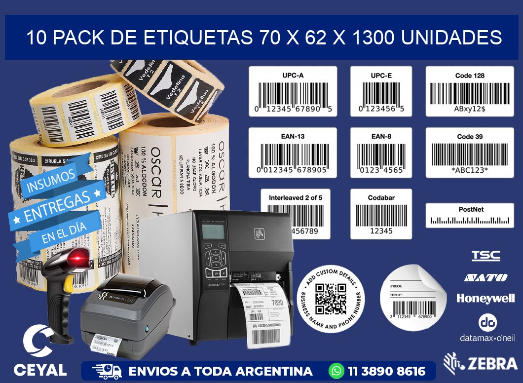 10 PACK DE ETIQUETAS 70 x 62 X 1300 UNIDADES