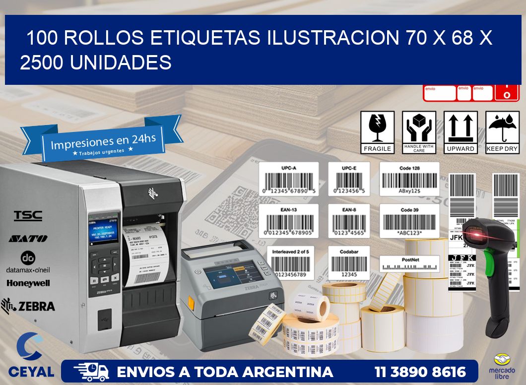 100 ROLLOS ETIQUETAS ILUSTRACION 70 x 68 X 2500 UNIDADES