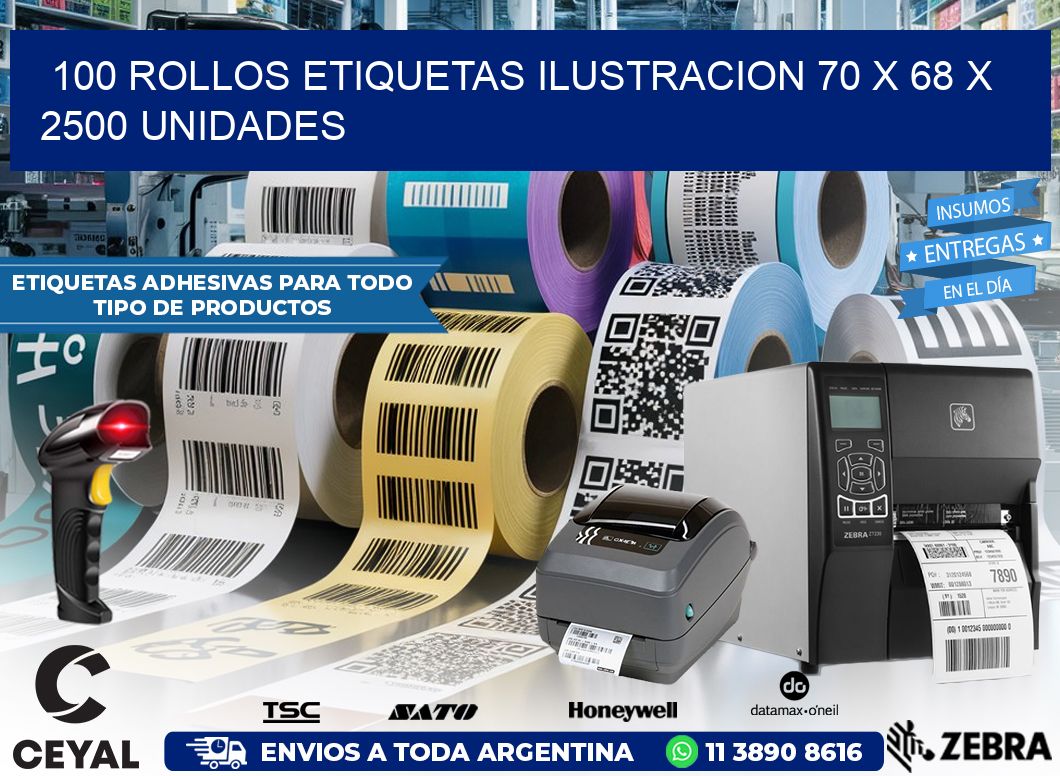 100 ROLLOS ETIQUETAS ILUSTRACION 70 x 68 X 2500 UNIDADES