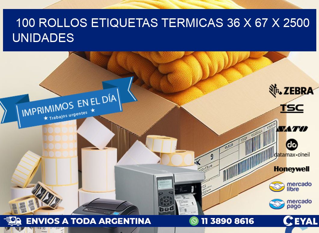 100 ROLLOS ETIQUETAS TERMICAS 36 x 67 X 2500 UNIDADES