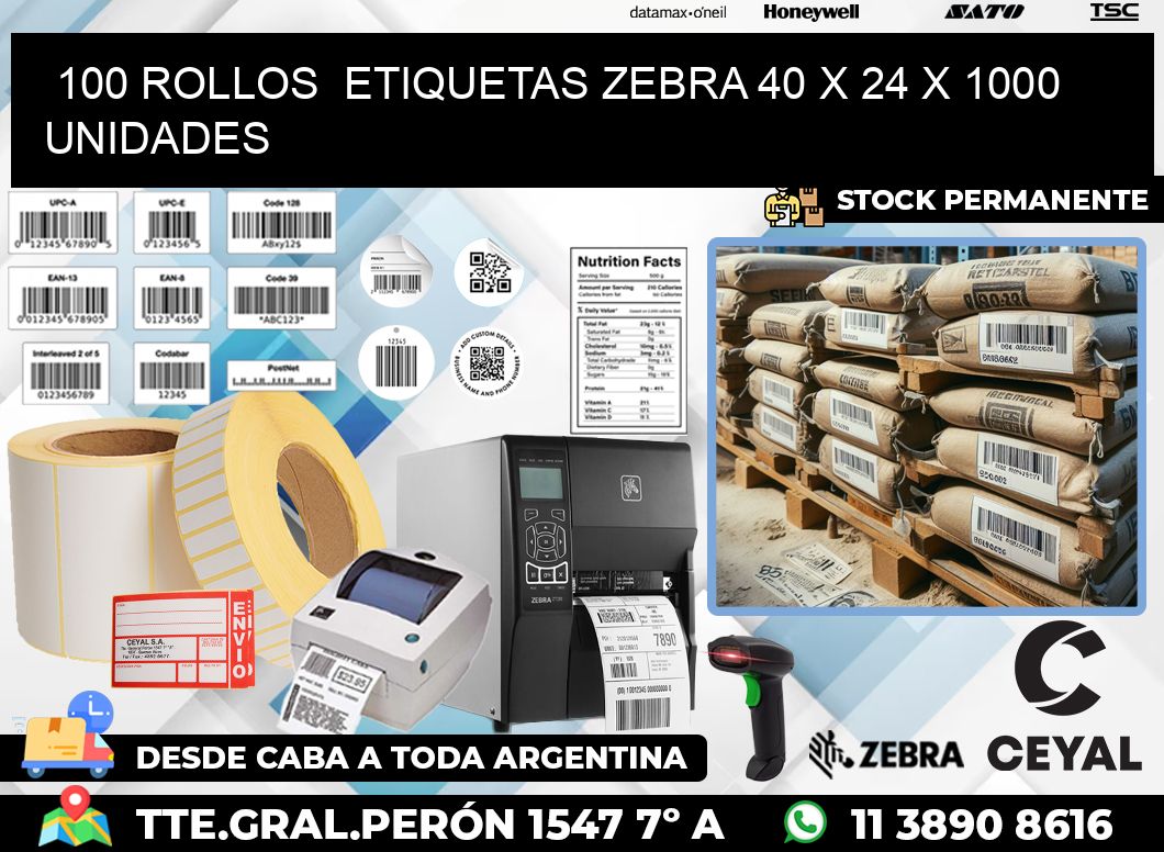 100 ROLLOS  ETIQUETAS ZEBRA 40 x 24 X 1000 UNIDADES