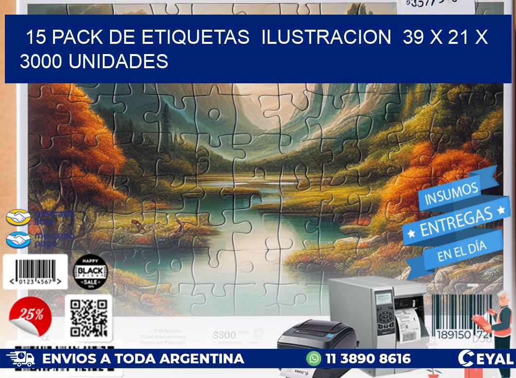 15 PACK DE ETIQUETAS  ILUSTRACION  39 x 21 X 3000 UNIDADES