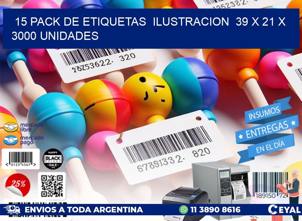 15 PACK DE ETIQUETAS  ILUSTRACION  39 x 21 X 3000 UNIDADES