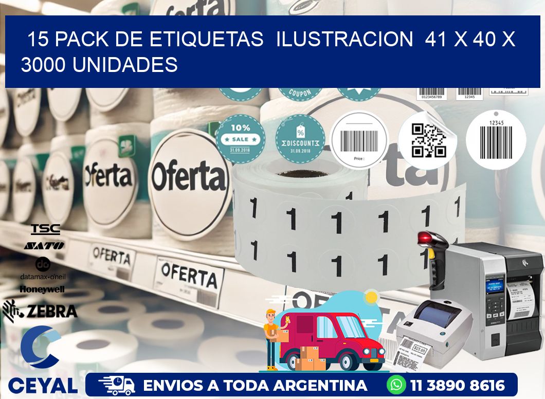 15 PACK DE ETIQUETAS  ILUSTRACION  41 x 40 X 3000 UNIDADES