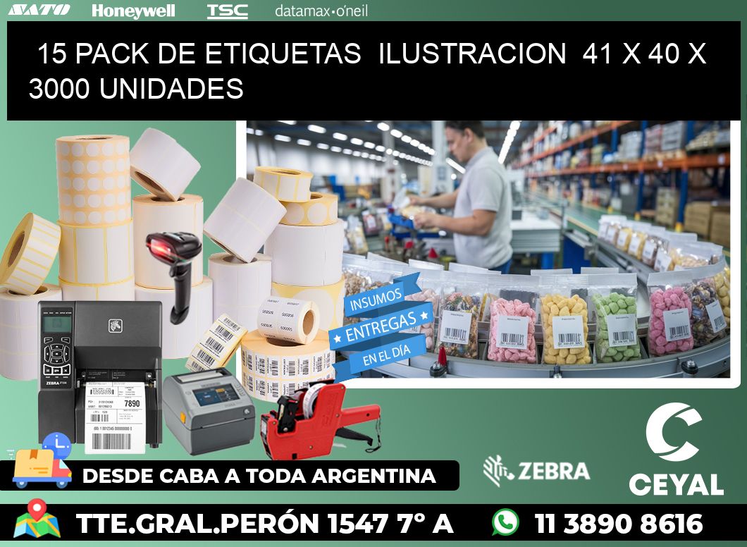 15 PACK DE ETIQUETAS  ILUSTRACION  41 x 40 X 3000 UNIDADES