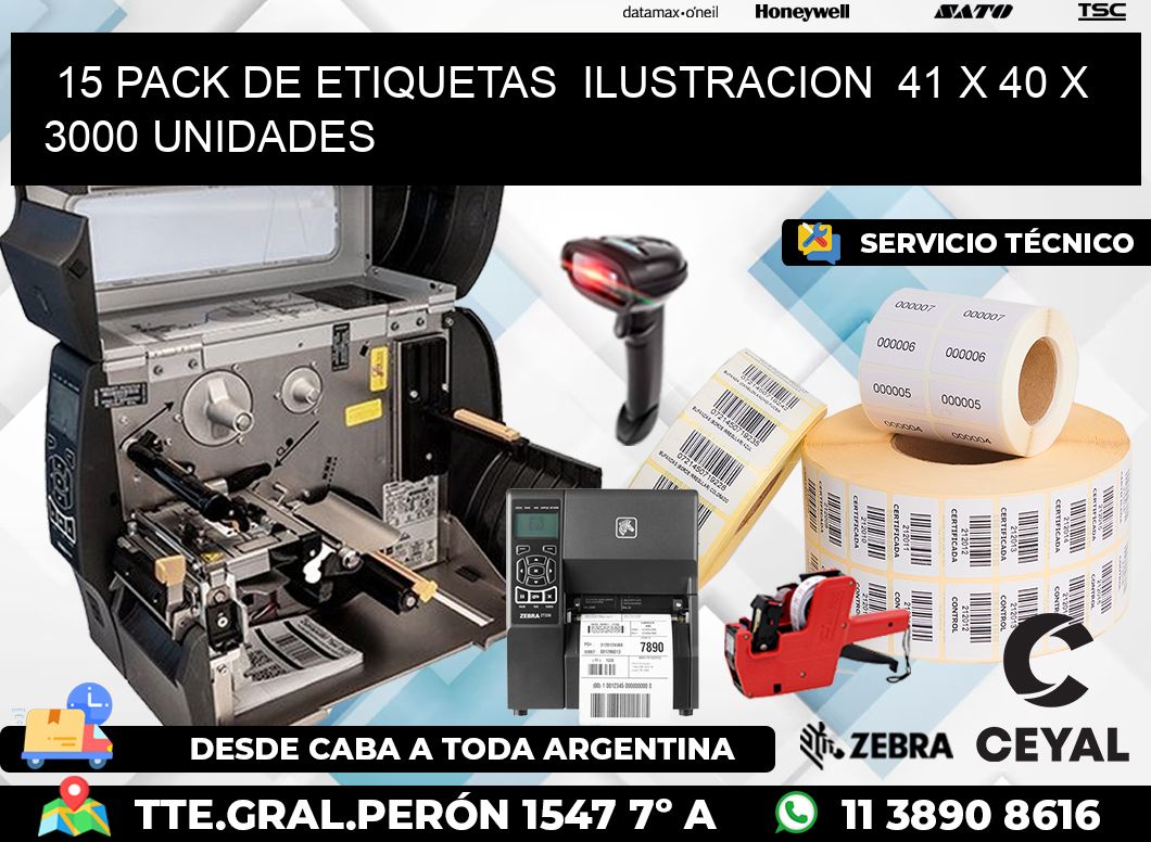 15 PACK DE ETIQUETAS  ILUSTRACION  41 x 40 X 3000 UNIDADES