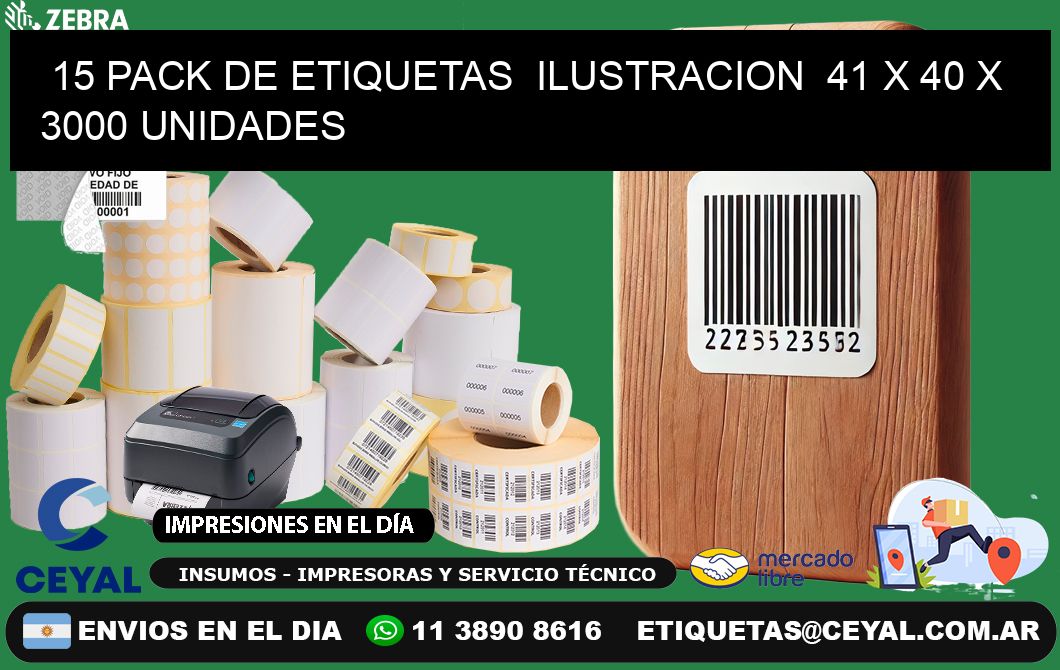 15 PACK DE ETIQUETAS  ILUSTRACION  41 x 40 X 3000 UNIDADES