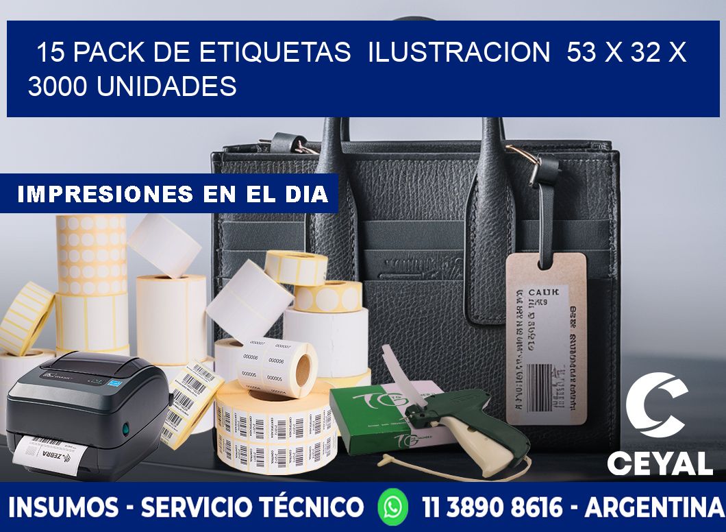 15 PACK DE ETIQUETAS  ILUSTRACION  53 x 32 X 3000 UNIDADES