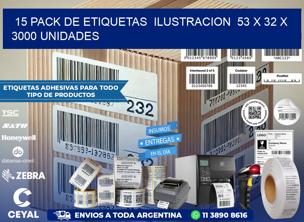 15 PACK DE ETIQUETAS  ILUSTRACION  53 x 32 X 3000 UNIDADES