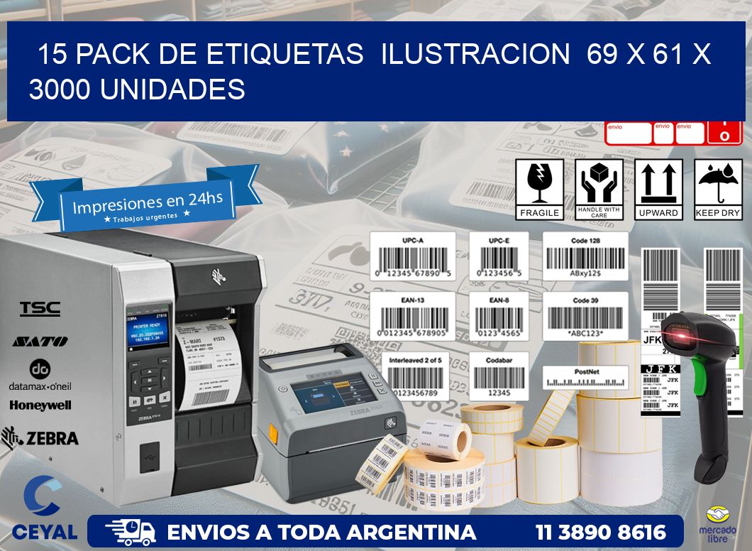 15 PACK DE ETIQUETAS  ILUSTRACION  69 x 61 X 3000 UNIDADES