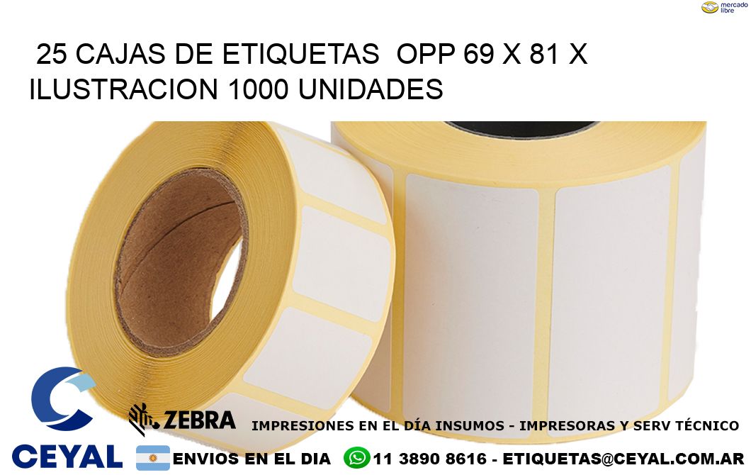 25 CAJAS DE ETIQUETAS  OPP 69 x 81 X ILUSTRACION 1000 UNIDADES