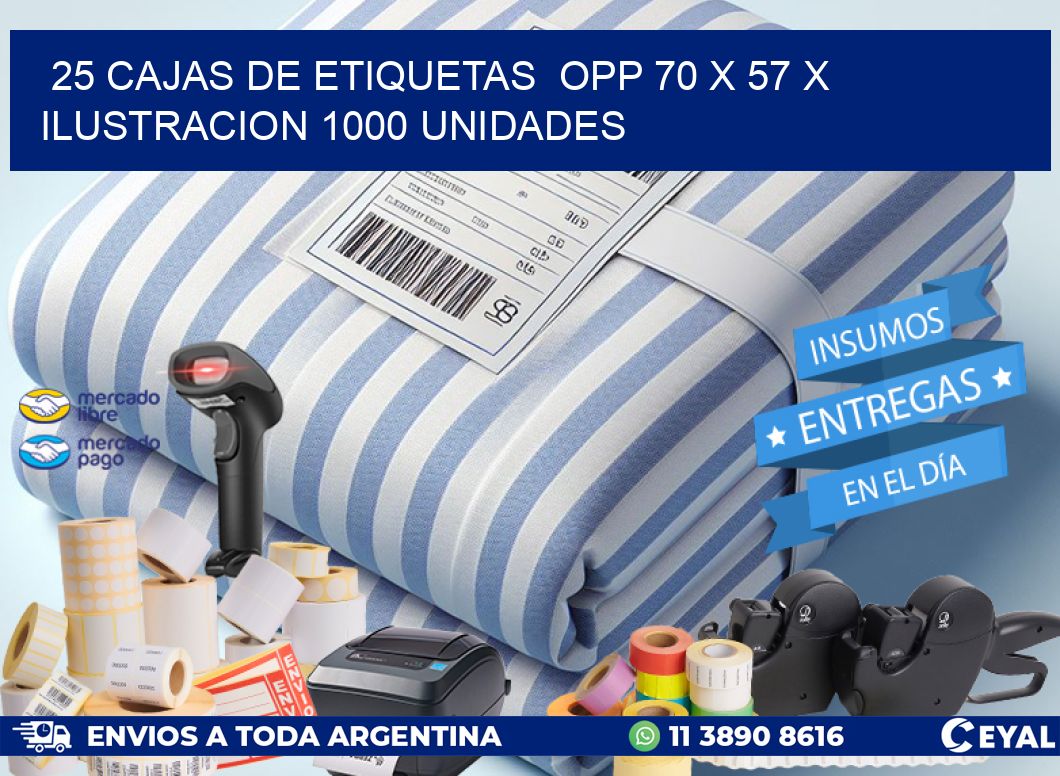 25 CAJAS DE ETIQUETAS  OPP 70 x 57 X ILUSTRACION 1000 UNIDADES