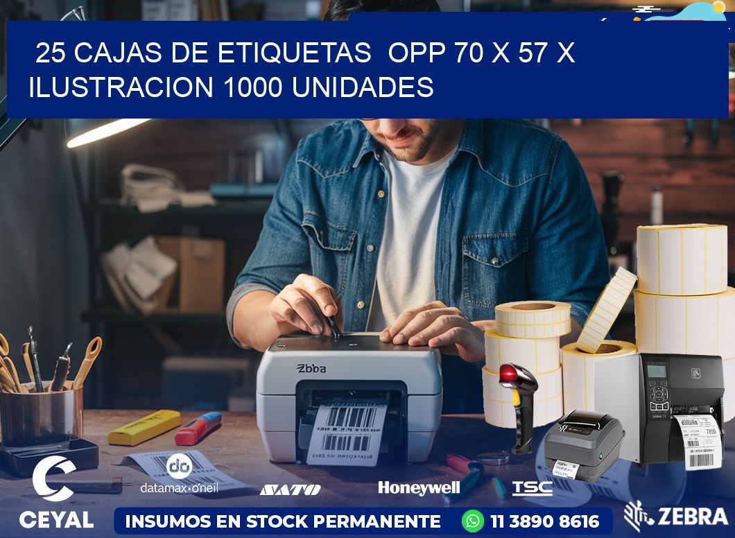 25 CAJAS DE ETIQUETAS  OPP 70 x 57 X ILUSTRACION 1000 UNIDADES