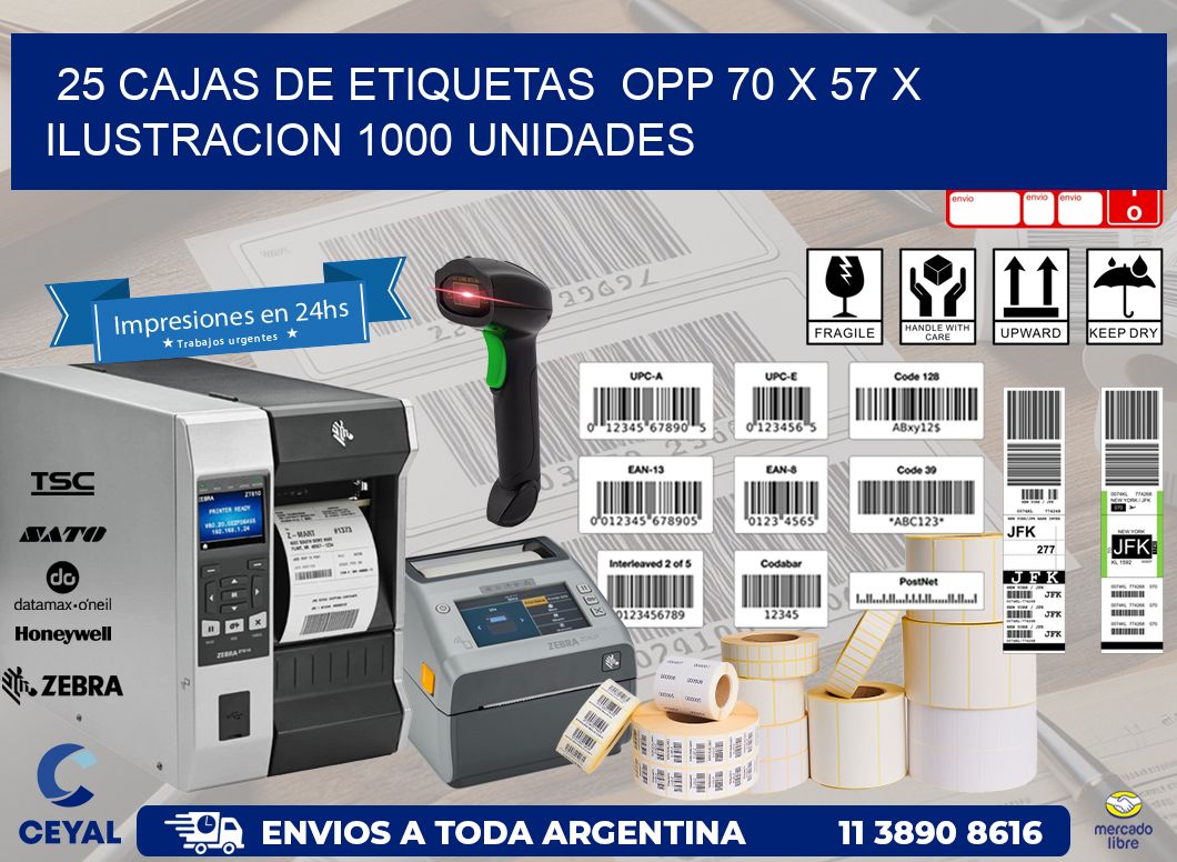 25 CAJAS DE ETIQUETAS  OPP 70 x 57 X ILUSTRACION 1000 UNIDADES