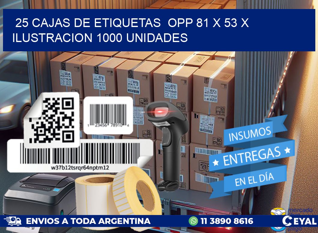 25 CAJAS DE ETIQUETAS  OPP 81 x 53 X ILUSTRACION 1000 UNIDADES