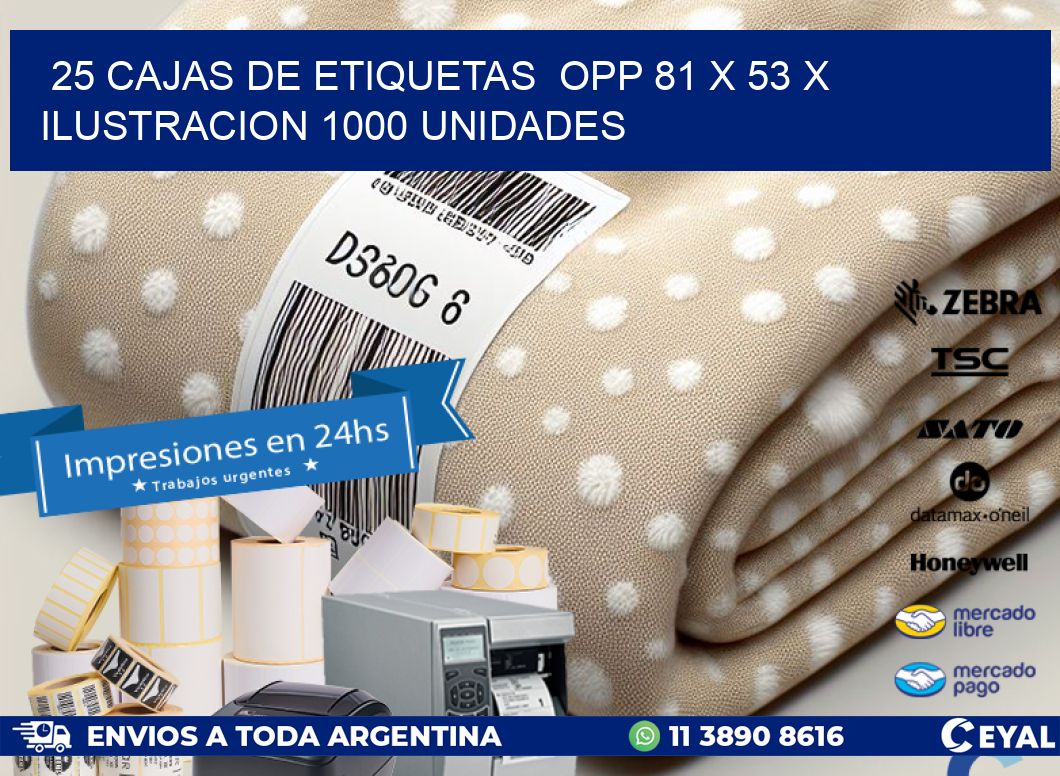 25 CAJAS DE ETIQUETAS  OPP 81 x 53 X ILUSTRACION 1000 UNIDADES