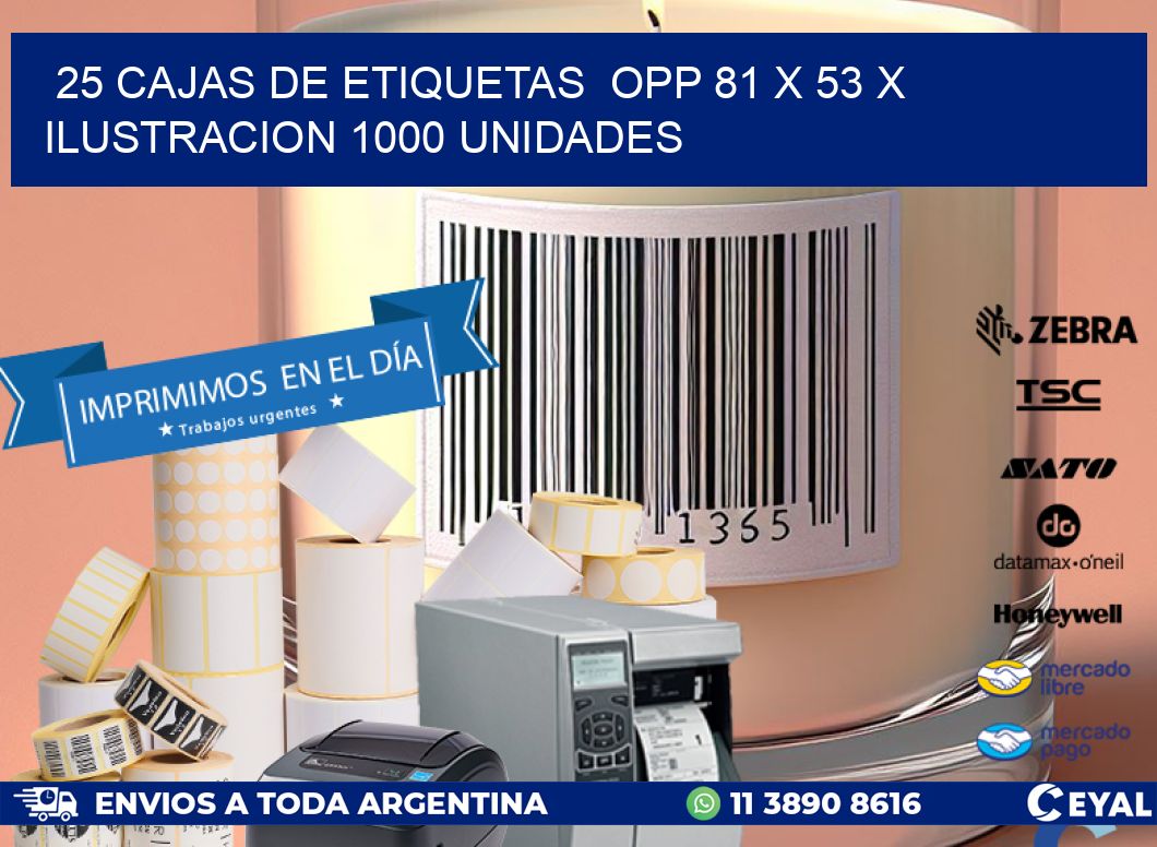 25 CAJAS DE ETIQUETAS  OPP 81 x 53 X ILUSTRACION 1000 UNIDADES