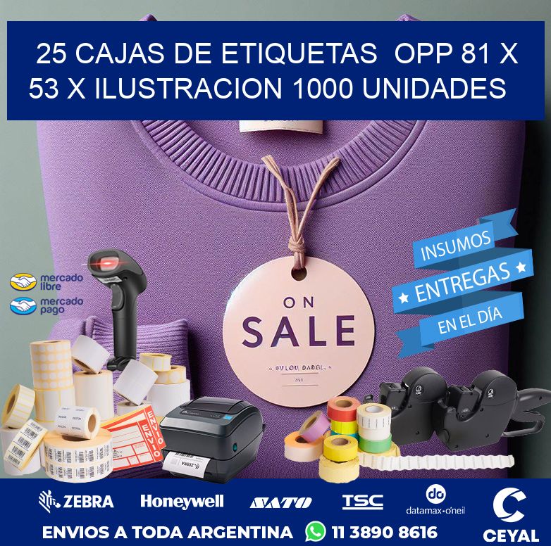 25 CAJAS DE ETIQUETAS  OPP 81 x 53 X ILUSTRACION 1000 UNIDADES