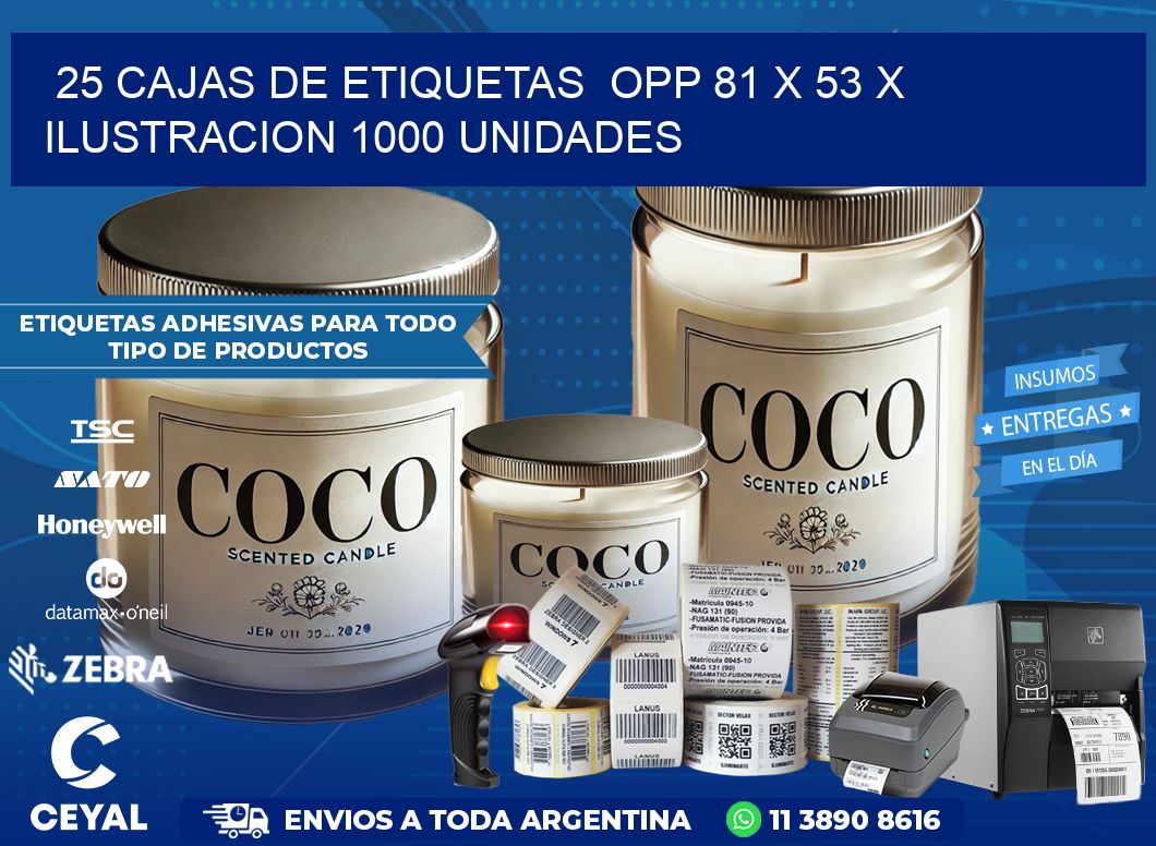 25 CAJAS DE ETIQUETAS  OPP 81 x 53 X ILUSTRACION 1000 UNIDADES