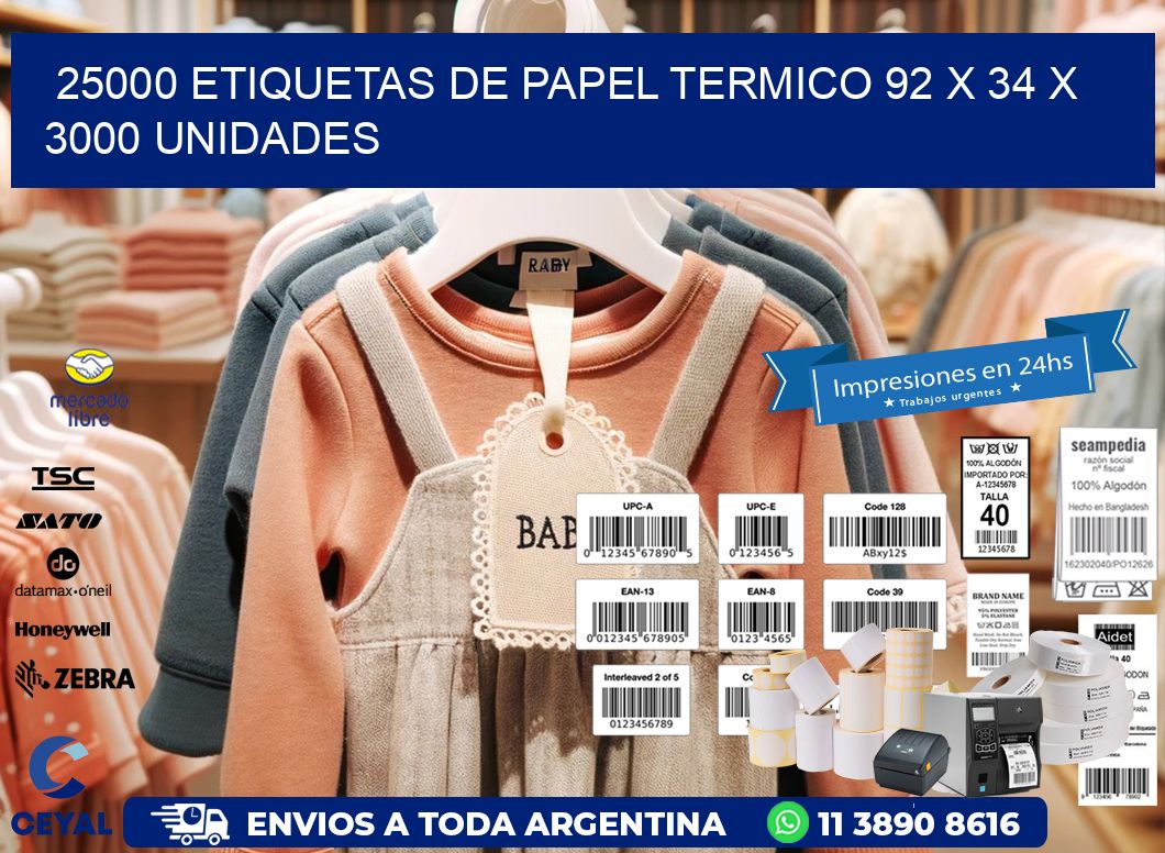 25000 ETIQUETAS DE PAPEL TERMICO 92 x 34 X 3000 UNIDADES