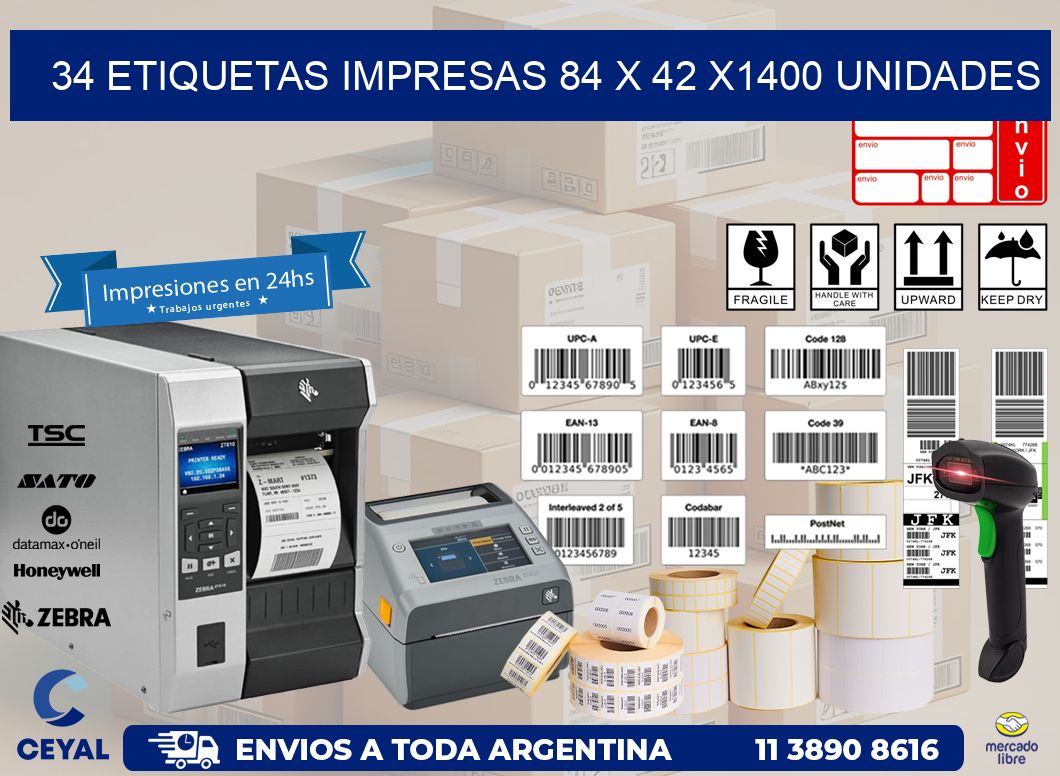 34 ETIQUETAS IMPRESAS 84 x 42 X1400 UNIDADES