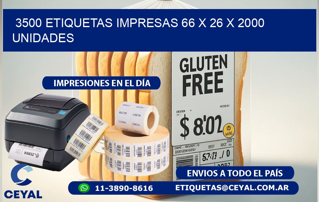 3500 ETIQUETAS IMPRESAS 66 x 26 X 2000 UNIDADES