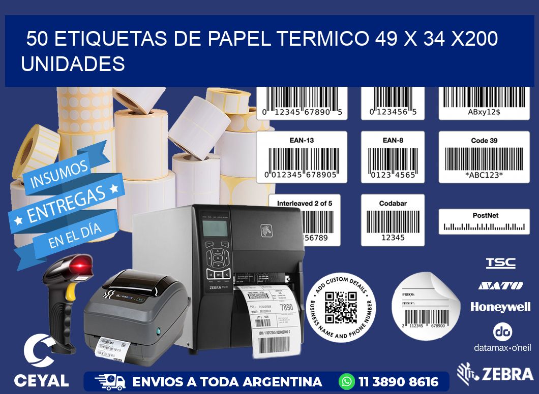 50 ETIQUETAS DE PAPEL TERMICO 49 x 34 x200 UNIDADES