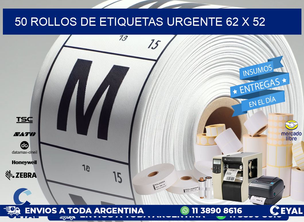 50 ROLLOS DE ETIQUETAS URGENTE 62 x 52