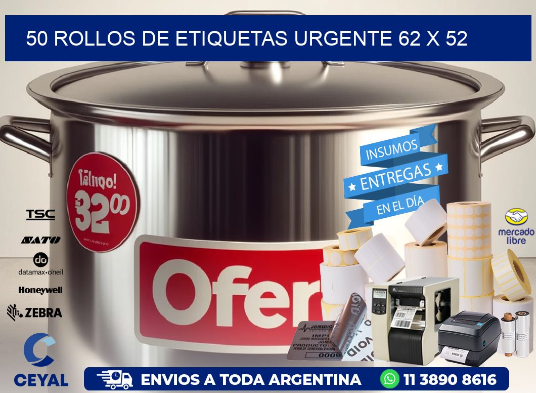 50 ROLLOS DE ETIQUETAS URGENTE 62 x 52