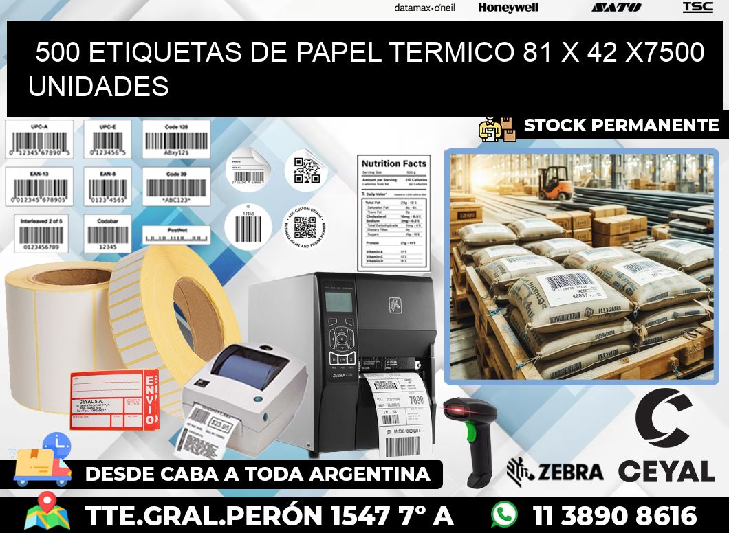 500 ETIQUETAS DE PAPEL TERMICO 81 x 42 X7500 UNIDADES