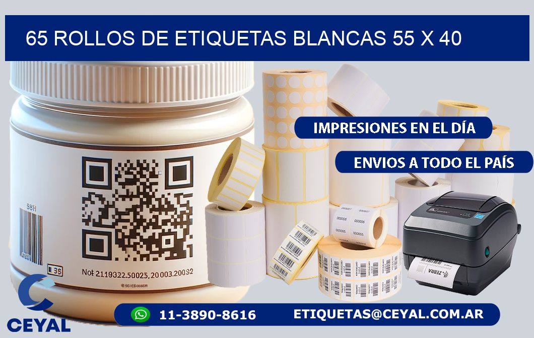 65 ROLLOS DE ETIQUETAS BLANCAS 55 x 40