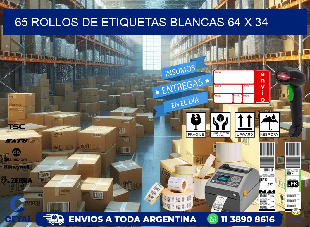 65 ROLLOS DE ETIQUETAS BLANCAS 64 x 34