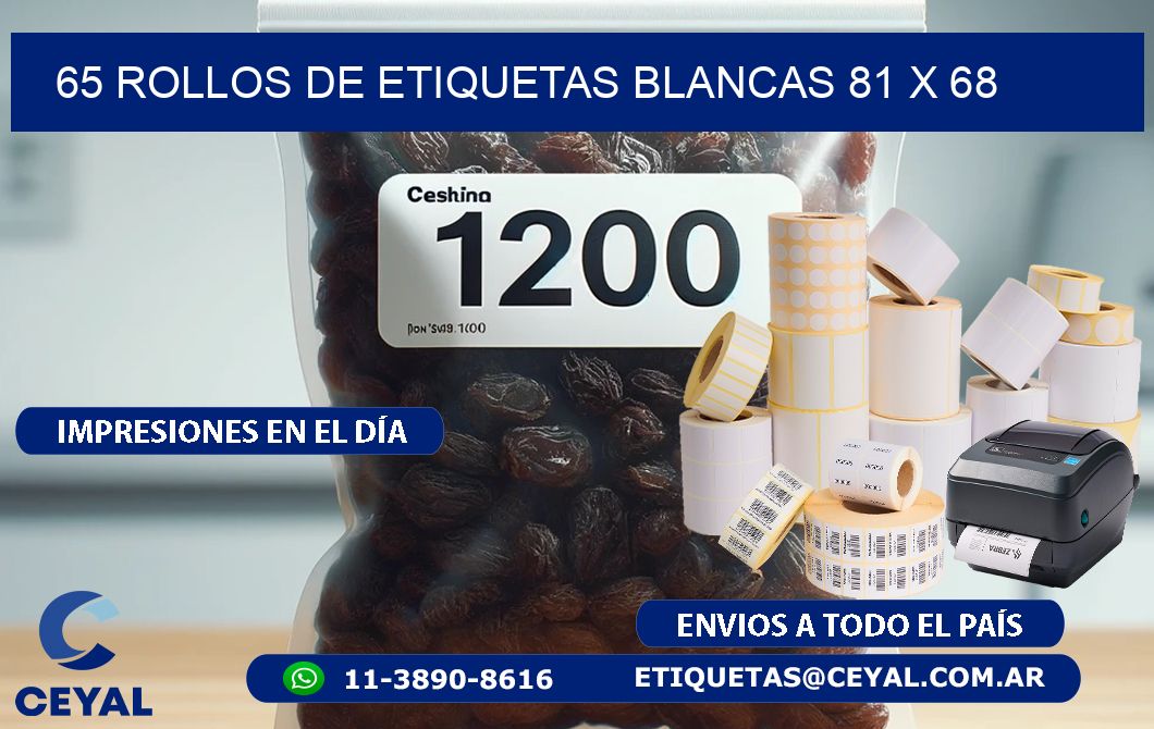 65 ROLLOS DE ETIQUETAS BLANCAS 81 x 68