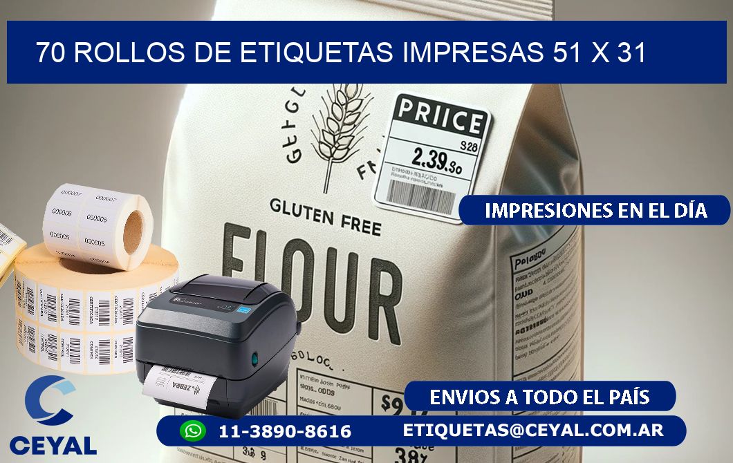 70 ROLLOS DE ETIQUETAS IMPRESAS 51 x 31