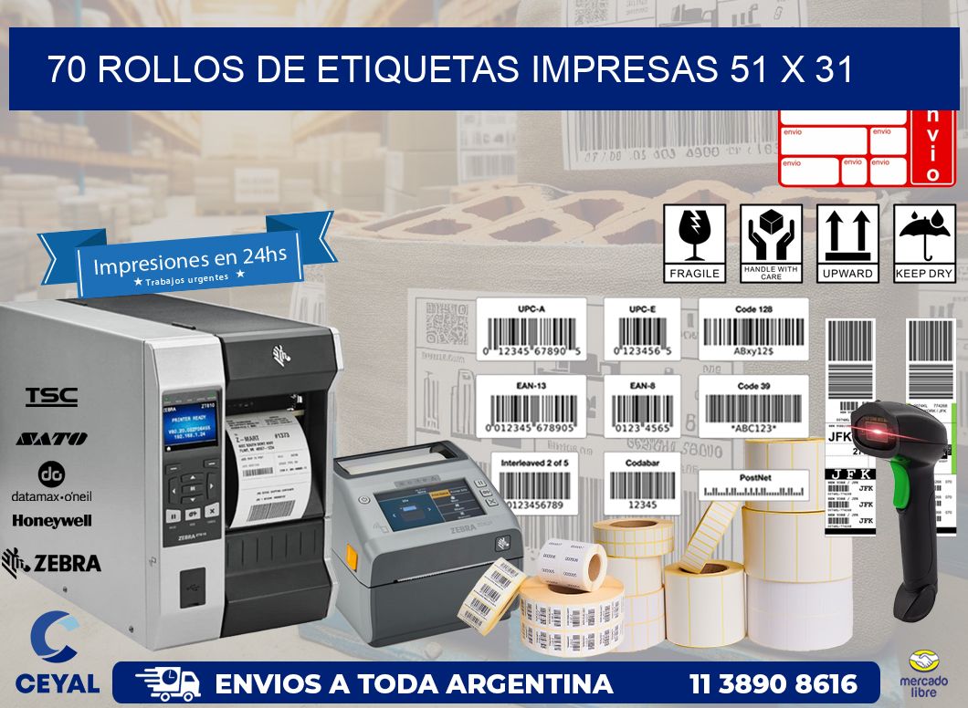 70 ROLLOS DE ETIQUETAS IMPRESAS 51 x 31