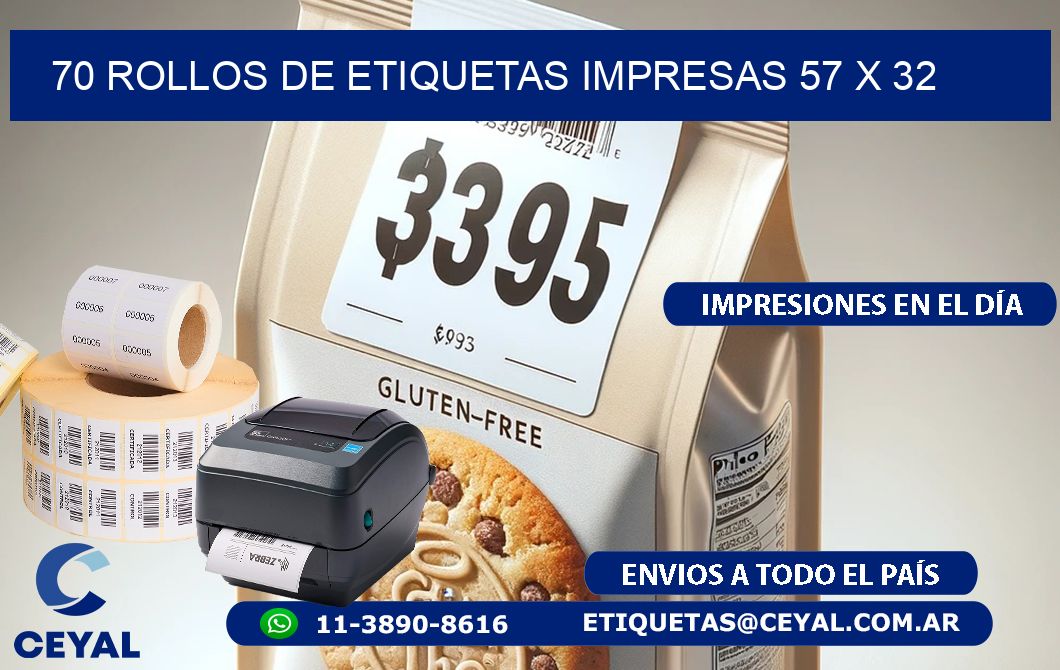 70 ROLLOS DE ETIQUETAS IMPRESAS 57 x 32