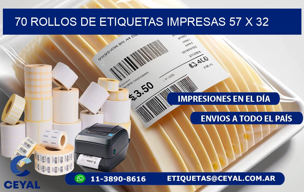 70 ROLLOS DE ETIQUETAS IMPRESAS 57 x 32