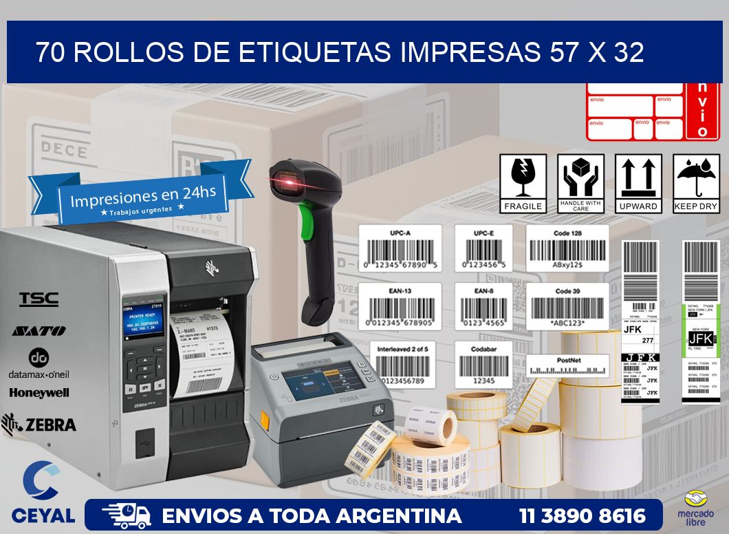 70 ROLLOS DE ETIQUETAS IMPRESAS 57 x 32