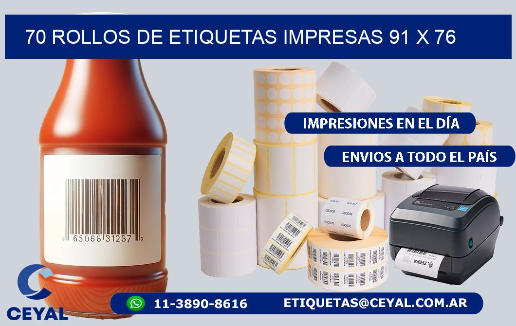 70 ROLLOS DE ETIQUETAS IMPRESAS 91 x 76