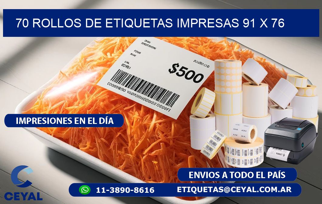 70 ROLLOS DE ETIQUETAS IMPRESAS 91 x 76