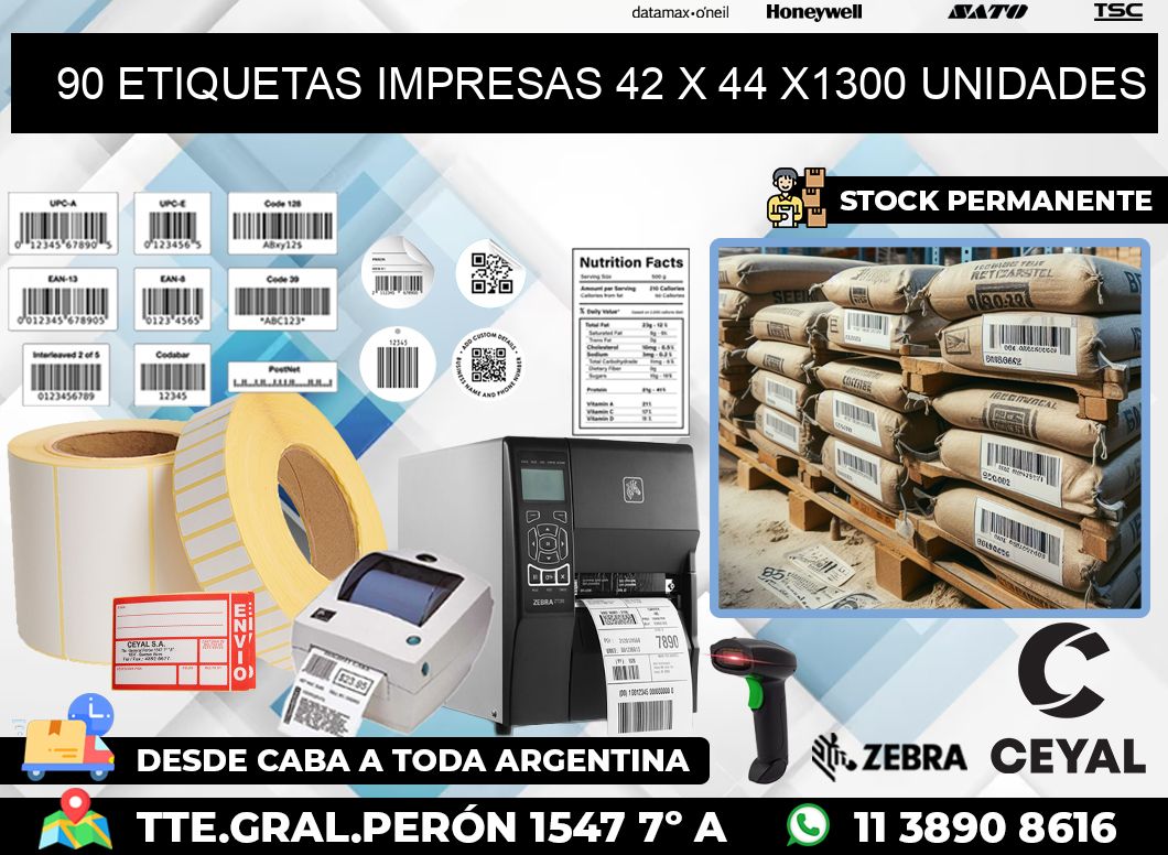 90 ETIQUETAS IMPRESAS 42 x 44 X1300 UNIDADES