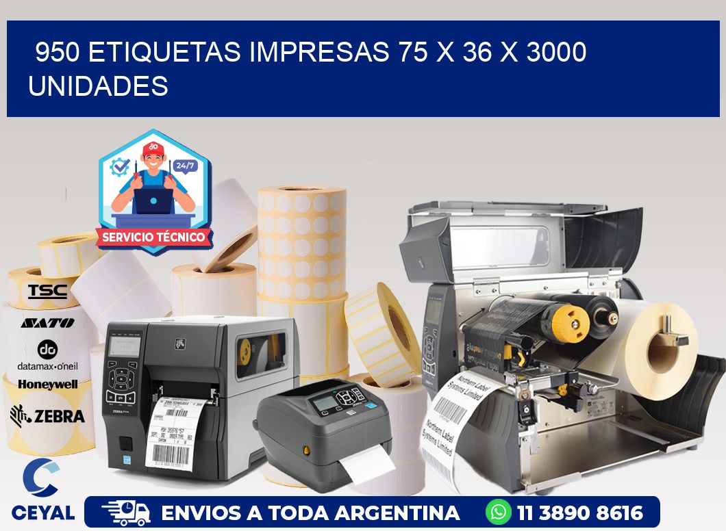 950 ETIQUETAS IMPRESAS 75 x 36 X 3000 UNIDADES